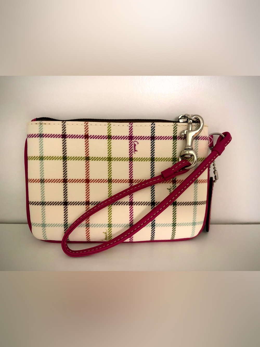 Coach Pink Plaid Wristlet With Dust Bag - Picture 4 of 7